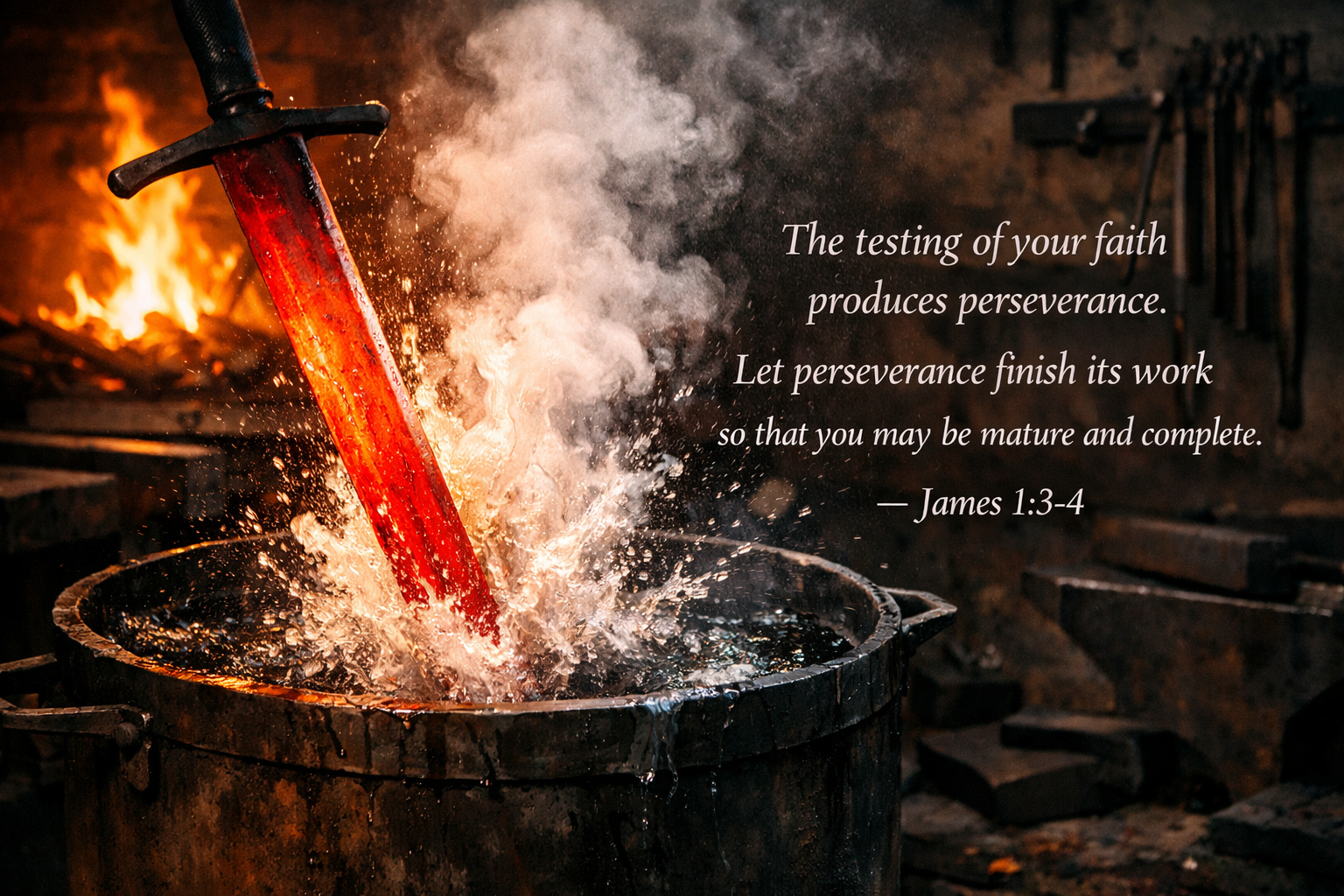 Red-hot sword blade being plunged into cold water with steam rising in a blacksmith forge with James 1:3-4 verse about perseverance